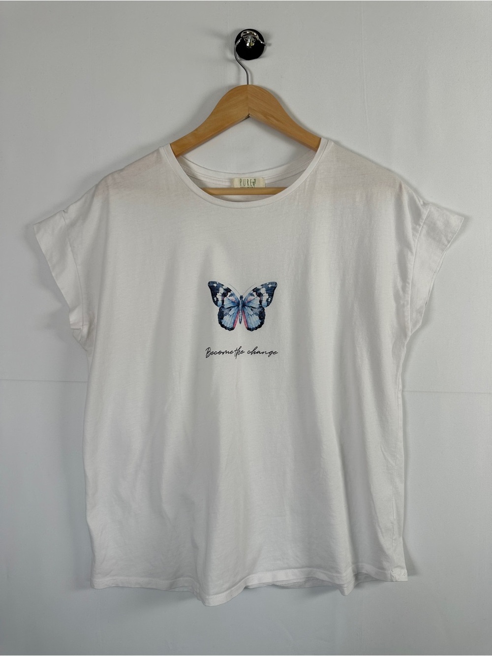 Suzy Shier Organic Cotton Butterfly Graphic Tee White Cap-Sleeve T-Shirt Size XL